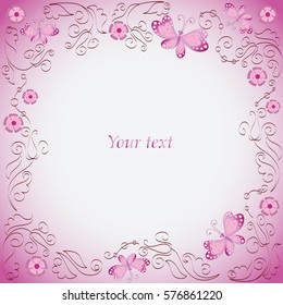 Pink butterfly and ornament. Frame. Composition for design manuals, leaflets, magazines, book illustrations, presentations.