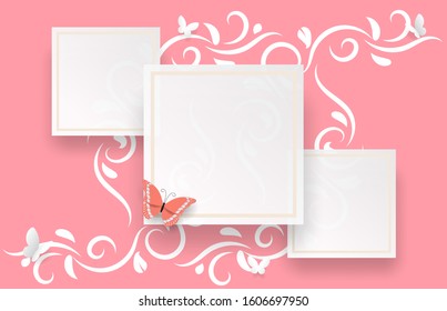 A pink butterfly perched on three white label with a golden border with hearts. Many pieces of white paper placed on a pink background.