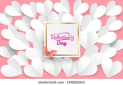 A pink butterfly perched on a white valentine's day label with a golden border with hearts. Many pieces of white paper placed on a pink background.
