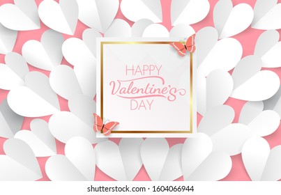 A pink butterfly perched on a white valentine's day label with a golden border with hearts. Many pieces of white paper placed on a pink background.