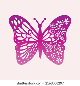 Pink butterfly with rose flowers on its wings. Stencil for cutting