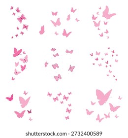 Conjunto de silhueta de borboleta rosa. Insetos voadores vetoriais para decoração de fundo de fantasia de dia das mulheres ou primavera isolada no branco
