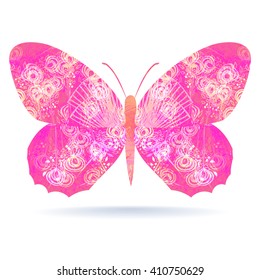 Pink butterfly with spread wings isolated on white background. White abstract pattern on the wings. Easy editing. Vector.