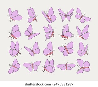 Pink Butterfly Vector Collection. Simple, minimalistic illustrations of pink butterflies in various poses. Ideal for designs needing elegant and delicate butterfly graphics.