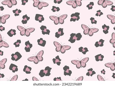 pink butterfly vector hand drawn design wild leopard repeating seamless 