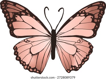 Ilustração em vetor de borboleta rosa com detalhes nítidos e limpos e asas simétricas, isoladas em um fundo branco. Esta obra de arte vetorial feminina de alta qualidade exibe um design de inseto pastel macio inspirado na natureza e beleza. Perfeito para projetos criativos românticos, elegantes e decorativos, como marca, design de logotipo, gráficos de casamento, arte de parede, cartazes, impressões, embalagens, artigos de papelaria, web design, mídias sociais, tatuagens e ilustrações estéticas