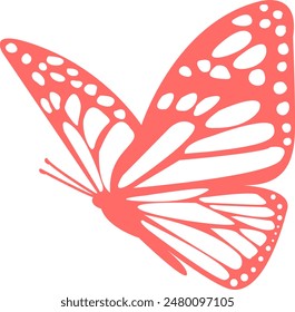 Pink Butterfly with White Spots on White Background. Ethereal Botanical Flies Wallpaper. Adorable Tropical Wingspan Aesthetic. Magical Machaon Butterfly Contour Silhouette Design.