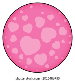 Pink button with black outline and tiny hearts inside of it, over white background.
