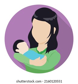 Pink button with faceless mom carrying her baby in arms. Design in flat style and long shadow effect.