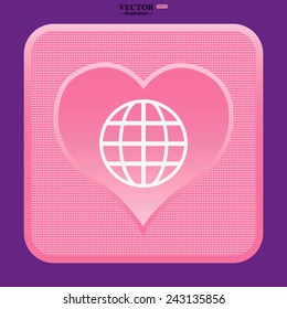 Pink button with heart. Globe