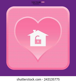 Pink button with heart. House