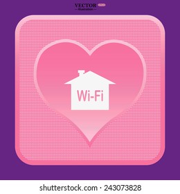 pink button with heart, The house is surrounded by a network wi-fi , vector illustration, EPS 10