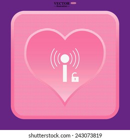 pink button with heart, Wireless network access is open, unlocked , vector illustration, EPS 10