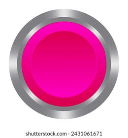 Pink button with metal base. Push, press, touch, control centre, panel, manipulation, key, knob, management, administration, operation, switch on off, stop, start, caution, help. Vector illustration