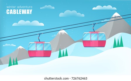 Pink cable cars moving above the ground against winter landscape with ski slope covered with snow, trees and mountains on background. Cableway or aerial lift. Colorful cartoon vector illustration.