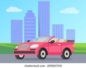 Pink cabriolet on city road cartoon vector illustration. Stylish car for women, girly auto without roof flat color object. Luxurious personal transport fashion automobile in cityscape with skyscrapers