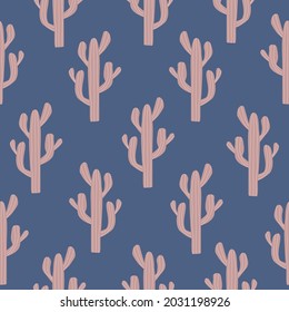 Pink cacti on blue background hand drawn vector illustration. Cute cactus graphic print. Cartoon plants seamless pattern.