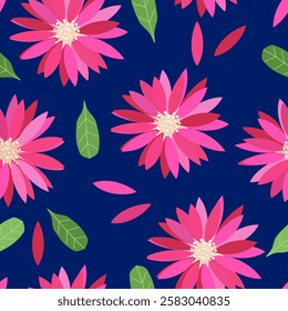 Pink cactus flowers on a blue background. Seamless pattern. Vector illustration for wrapping paper, fabric, print.