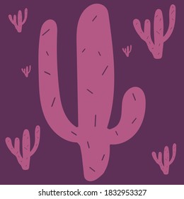 Pink cactus on violet background card, vector