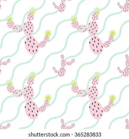 Pink cactus vector seamless pattern. Stylized cactuses on white background with zigzag mint diagonal lines