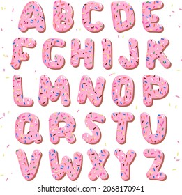 Pink cake alphabet with colorful sprinkles. Vector illustration