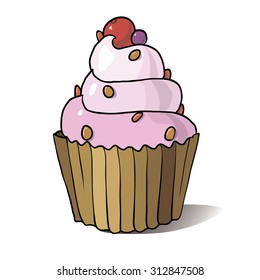 Pink cake with berries, vector illustration