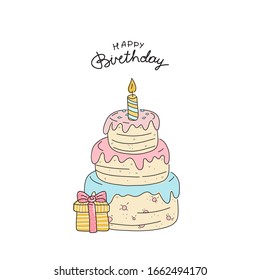 Pink cake with candles. Happy Birthday , hand-drawn illustration. Anniversary celebration. Vector for design t-shirts typography cards and posters.