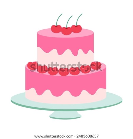 A pink cake with cherries on top. The cake is on a white plate