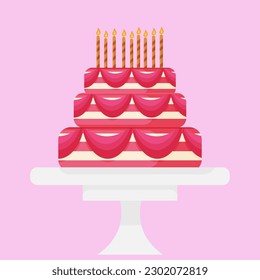 Pink cake with cream, 9 candles on the cake. cake on a pink background. vector