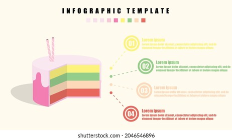 Pink cake with cream and wafer stick. Template infographics in dessert design with 4 steps as layers of cake and labels. Vector eps 10 illustration infographic element with concept.