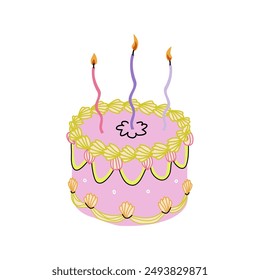 Pink cake with curved candles in coquett trendy style. Flat cute vector clipart isolated on white background