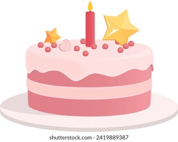 Pink cake decorated with candle, stars and balls, 3D style, cake for birthdays, anniversaries and other festive events.