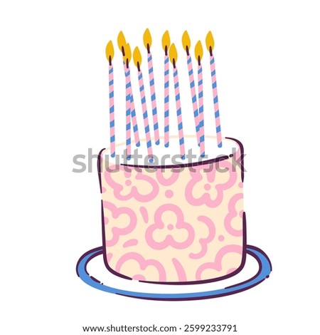 Pink cake with floral pattern on cream and burning high candles. Sweet birthday party dessert serving on plate. Anniversary mascot, bday cake gift cartoon vector illustration