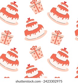 Pink cake and gift seamless pattern with heart for party. Vector illustration isolated. Can used for wrapping, scrapping, cover design for anniversary, birthday card, banner, valentines day background