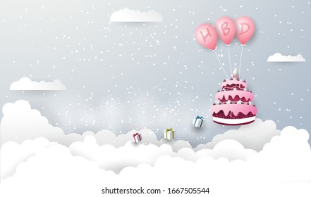 pink cake happy birthday fly by pink balloon and drop colorful gift box On the blue-green background
