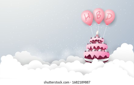 pink cake happy birthday fly by pink balloon over the cloud On the blue-green background