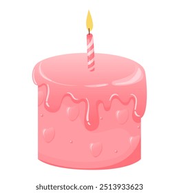 Pink cake with hearts and frosting in flat vector style on a white background. Festive cake with a candle and sweet decor. Cartoon birthday cake with hearts.