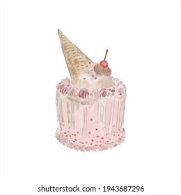 Pink cake. ice cream cone. dessert, cream, whipped cream. Happy Birthday. celebration. Postcard, print, menu design. vector eps 10