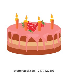 A pink cake with lit candles on top, ready for a celebration.