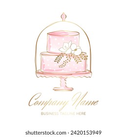 Pink Cake Logo Illustration with Flowers