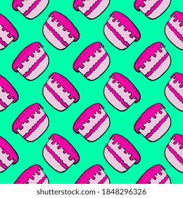 Pink cake, seamless pattern on green background.