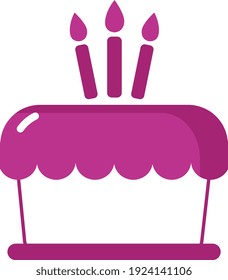 Pink cake with three candles, illustration, vector on white background.