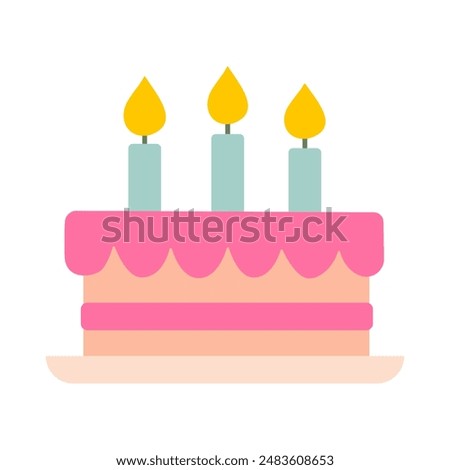 A pink cake with three candles on it. The candles are lit and the cake is on a white background