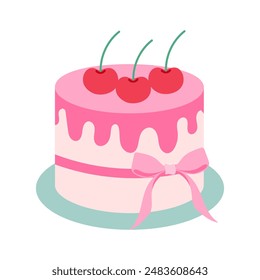 A pink cake with three cherries on top and a pink ribbon around it