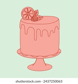A pink cake topped with a slice of orange, sitting on a plate. The cake has a hand painted doodle design on its surface