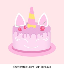 pink cake with a unicorn, birthday cake, cake with cherries, cake with cream and glaze, sweet dessert