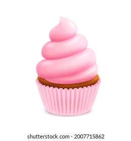 Pink cake with whipped cream, realistic vector cupcake. svg