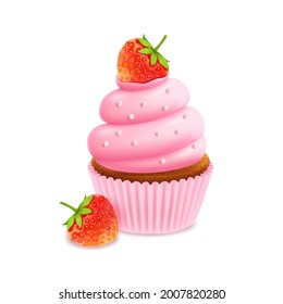 Pink cake with whipped cream, strawberry and sprinkles, realistic vector cupcake.