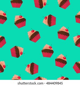 Pink cakes on blue background seamless pattern 