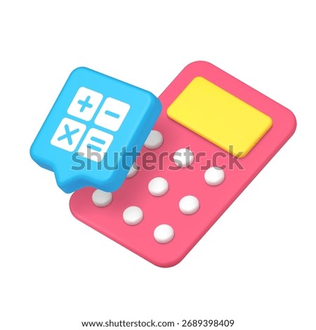 Pink calculator with yellow screen and white buttons paired with blue icon showing math symbols including plus, minus, multiply, and equal. 3d icon realistic vector illustration